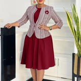 Elegant Women 2 Pieces Set O Neck 3/4 Plaid Coat Tank Pleated A Line Dresses Wine / S