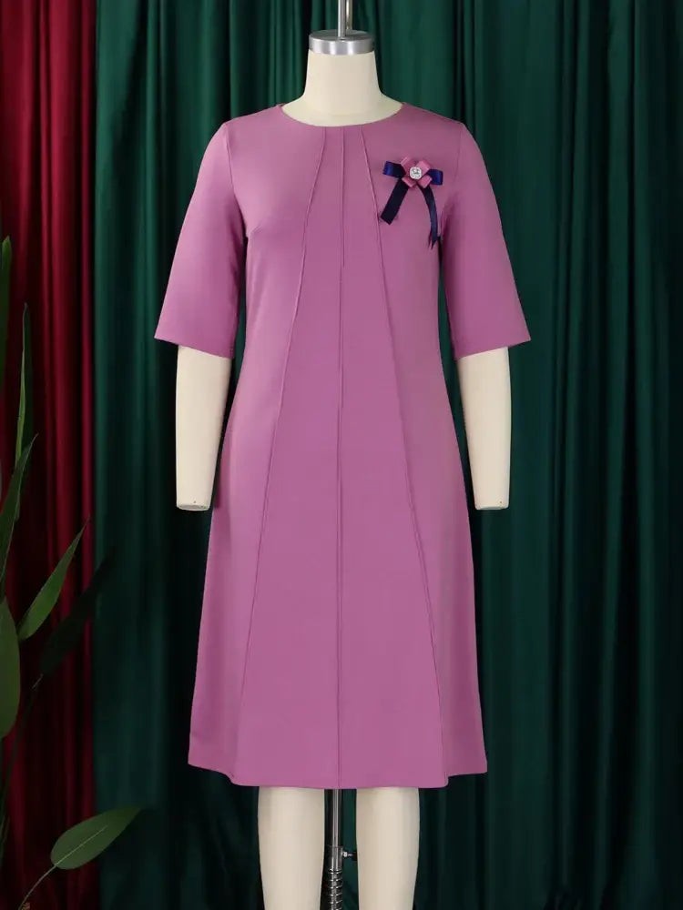 Elegant Women A Line Dress O Neck Short Sleeves Front Pleats with Bow Brooch