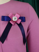 Elegant Women A Line Dress O Neck Short Sleeves Front Pleats with Bow Brooch