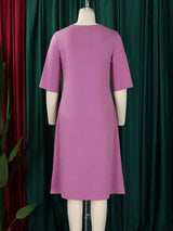 Elegant Women A Line Dress O Neck Short Sleeves Front Pleats with Bow Brooch