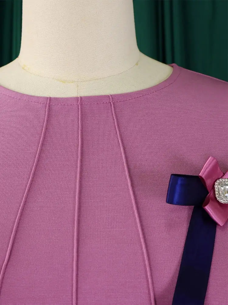 Elegant Women A Line Dress O Neck Short Sleeves Front Pleats with Bow Brooch