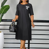 Elegant Women A Line Dress O Neck Short Sleeves Front Pleats with Bow Brooch black / S