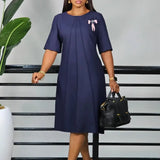 Elegant Women A Line Dress O Neck Short Sleeves Front Pleats with Bow Brooch Blue / S