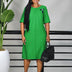 Elegant Women A Line Dress O Neck Short Sleeves Front Pleats with Bow Brooch green / S