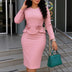 Elegant Women Church Dresses O Neck Long Sleeve 3D Flower Peplum Pink / S