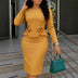 Elegant Women Church Dresses O Neck Long Sleeve 3D Flower Peplum Yellow / S