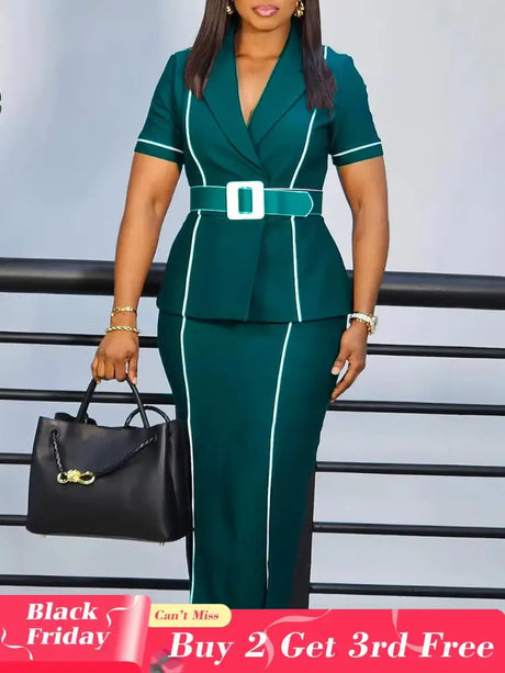 Elegant Women Dress Notched Collar Short Sleeve Classy Gowns