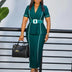 Elegant Women Dress Notched Collar Short Sleeve Classy Gowns Green / S