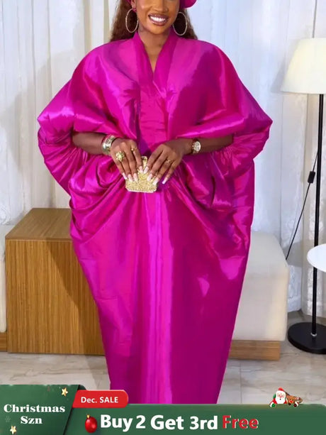 Elegant Women Long Boubou Dresses Pleated Evening V Neck Lantern Sleeve African