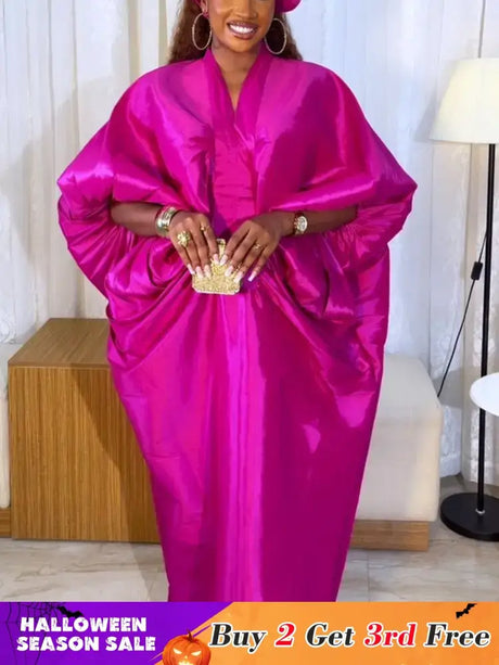 Elegant Women Long Boubou Dresses Pleated Evening V Neck Lantern Sleeve African