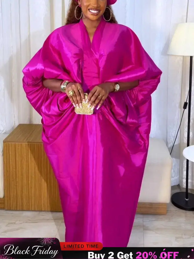 Elegant Women Long Boubou Dresses Pleated Evening V Neck Lantern Sleeve African