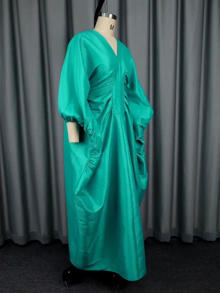 Elegant Women Long Boubou Dresses Pleated Evening V Neck Lantern Sleeve African