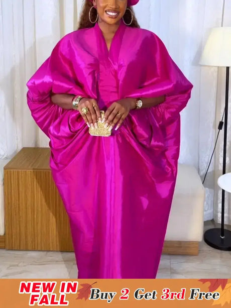 Elegant Women Long Boubou Dresses Pleated Evening V Neck Lantern Sleeve African
