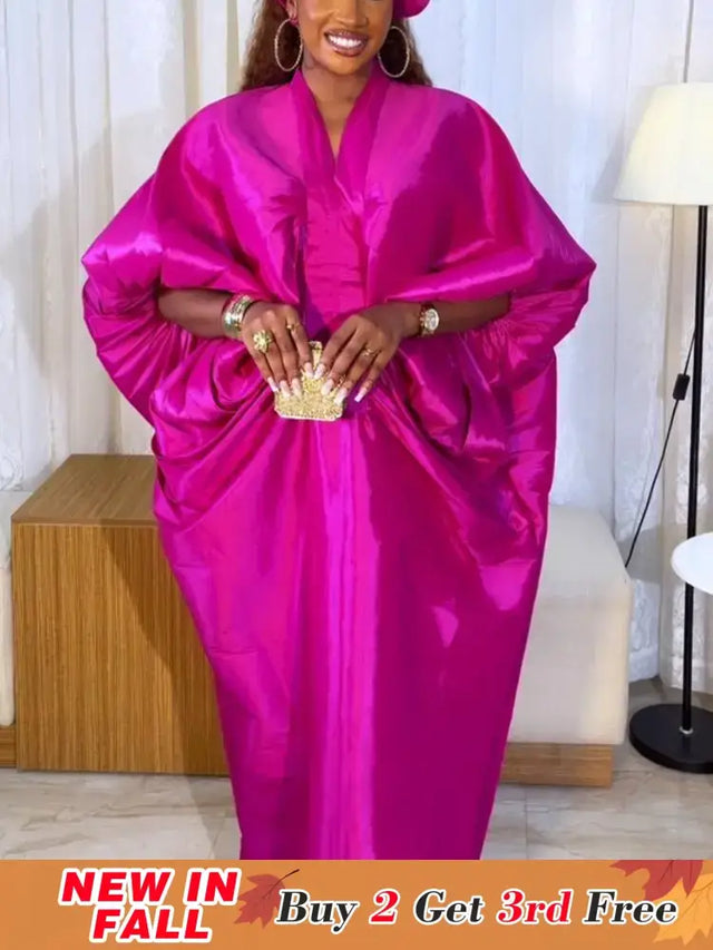 Elegant Women Long Boubou Dresses Pleated Evening V Neck Lantern Sleeve African