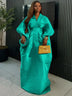Elegant Women Long Boubou Dresses Pleated Evening V Neck Lantern Sleeve African MintGreen / One Size