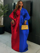 Elegant Women Long Boubou Dresses Pleated Evening V Neck Lantern Sleeve African RedBlue / One Size