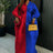 Elegant Women Long Boubou Dresses Pleated Evening V Neck Lantern Sleeve African RedBlue / One Size