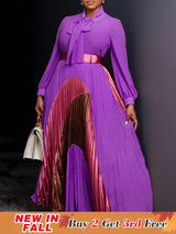 Elegant Women Pleated Maxi Dress Autumn New Lace Up Pleated Long Sleeves