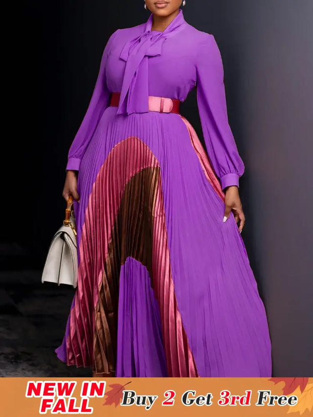 Elegant Women Pleated Maxi Dress Autumn New Lace Up Pleated Long Sleeves