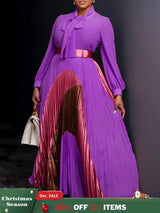 Elegant Women Pleated Maxi Dress Autumn New Lace Up Pleated Long Sleeves