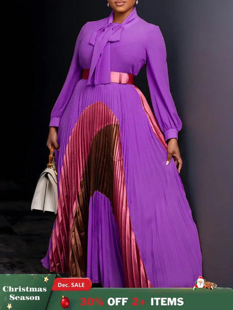 Elegant Women Pleated Maxi Dress Autumn New Lace Up Pleated Long Sleeves