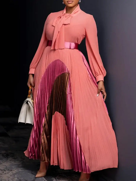 Elegant Women Pleated Maxi Dress Autumn New Lace Up Pleated Long Sleeves