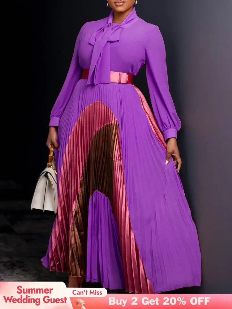 Elegant Women Pleated Maxi Dress Autumn New Lace Up Pleated Long Sleeves