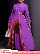 Elegant Women Pleated Maxi Dress Autumn New Lace Up Pleated Long Sleeves