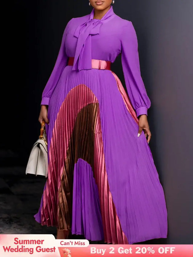 Elegant Women Pleated Maxi Dress Autumn New Lace Up Pleated Long Sleeves