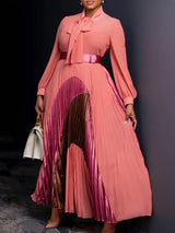 Elegant Women Pleated Maxi Dress Autumn New Lace Up Pleated Long Sleeves