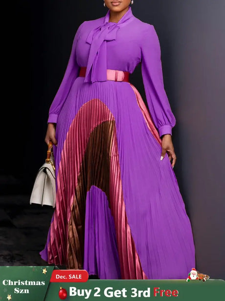 Elegant Women Pleated Maxi Dress Autumn New Lace Up Pleated Long Sleeves