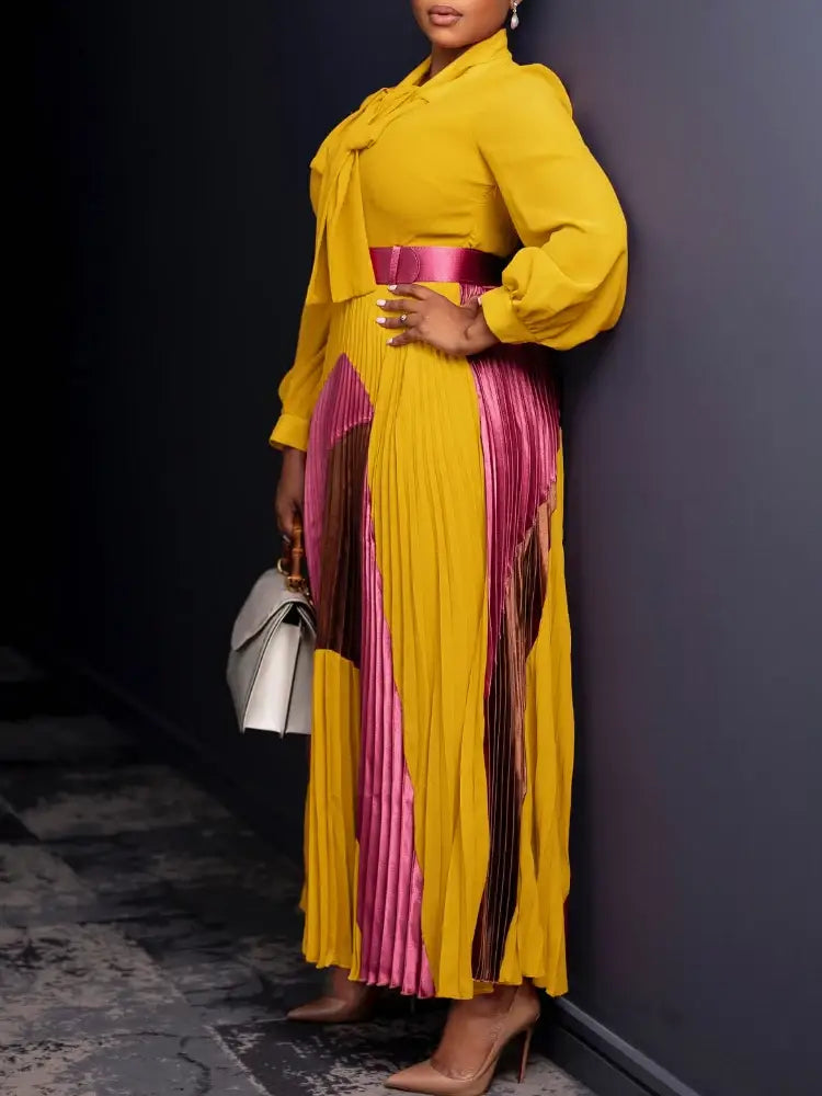 Elegant Women Pleated Maxi Dress Autumn New Lace Up Pleated Long Sleeves