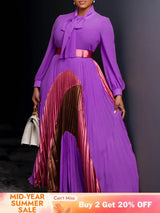 Elegant Women Pleated Maxi Dress Autumn New Lace Up Pleated Long Sleeves