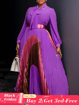 Elegant Women Pleated Maxi Dress Autumn New Lace Up Pleated Long Sleeves