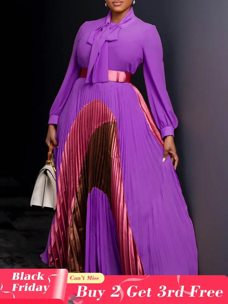 Elegant Women Pleated Maxi Dress Autumn New Lace Up Pleated Long Sleeves