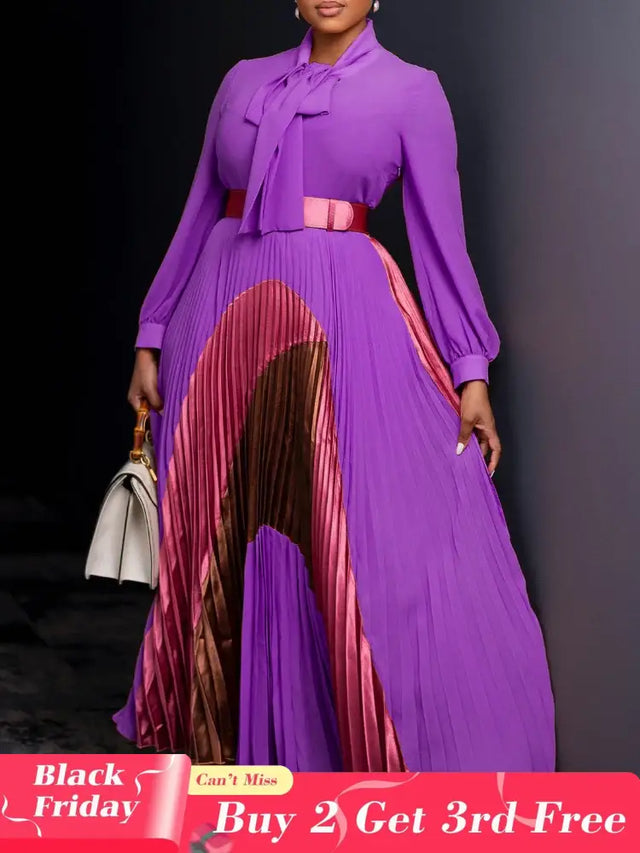 Elegant Women Pleated Maxi Dress Autumn New Lace Up Pleated Long Sleeves