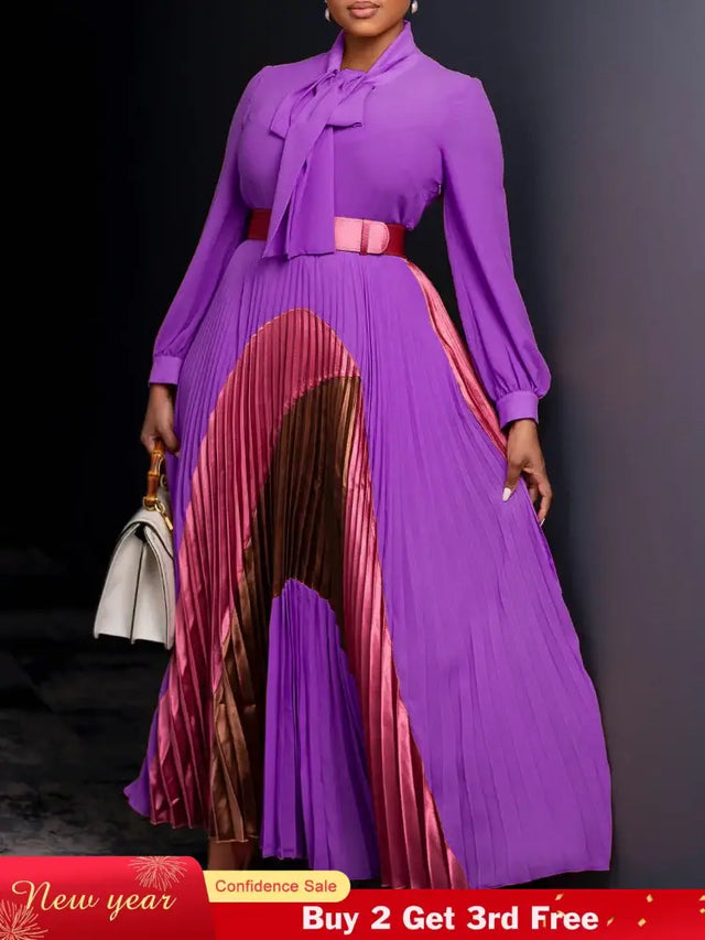 Elegant Women Pleated Maxi Dress Autumn New Lace Up Pleated Long Sleeves