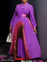 Elegant Women Pleated Maxi Dress Autumn New Lace Up Pleated Long Sleeves