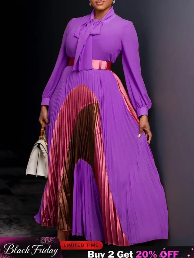 Elegant Women Pleated Maxi Dress Autumn New Lace Up Pleated Long Sleeves
