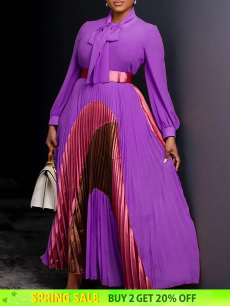 Elegant Women Pleated Maxi Dress Autumn New Lace Up Pleated Long Sleeves