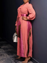 Elegant Women Pleated Maxi Dress Autumn New Lace Up Pleated Long Sleeves