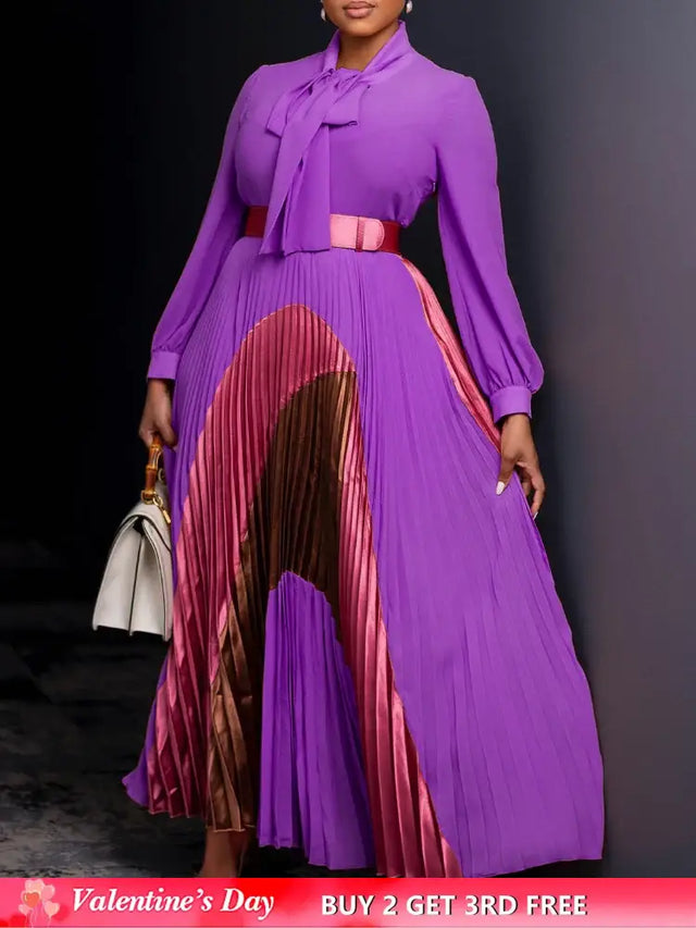 Elegant Women Pleated Maxi Dress Autumn New Lace Up Pleated Long Sleeves