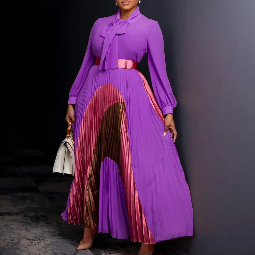 Elegant Women Pleated Maxi Dress Autumn New Lace Up Pleated Long Sleeves PURPLE / S