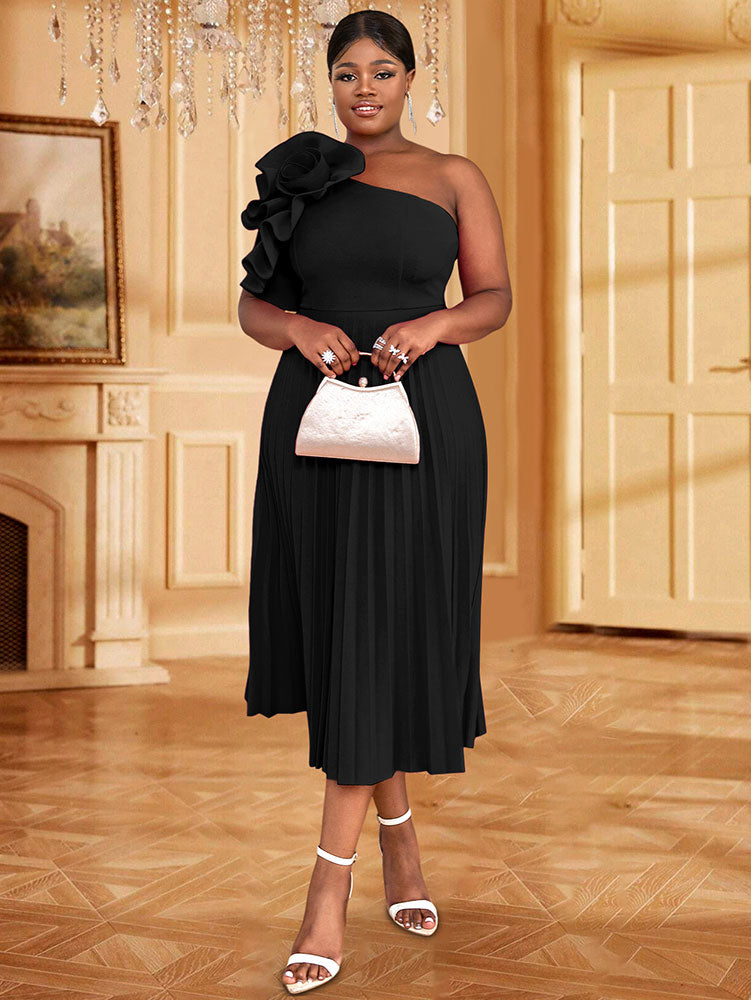 AOMEIDRESS 3D Flower One Shoulder Pleated Summer Cocktail Dress