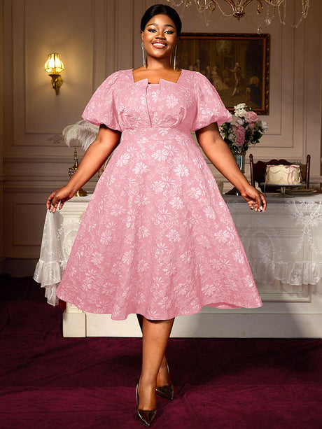 AOMEIDRESS Puff Sleeve Jacquard Dress Classic A Line Fit for Curvy Chic Style