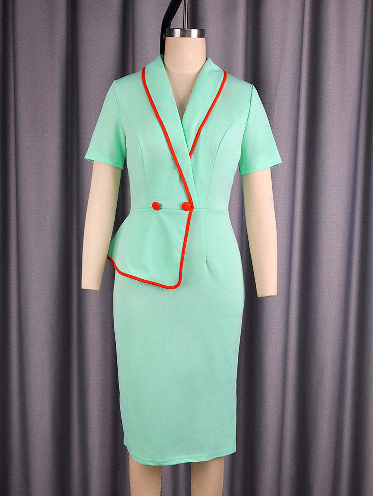 AOMEIDRESS ColorBlock Bodycon Dresses Turn Down Collar Short Sleeves