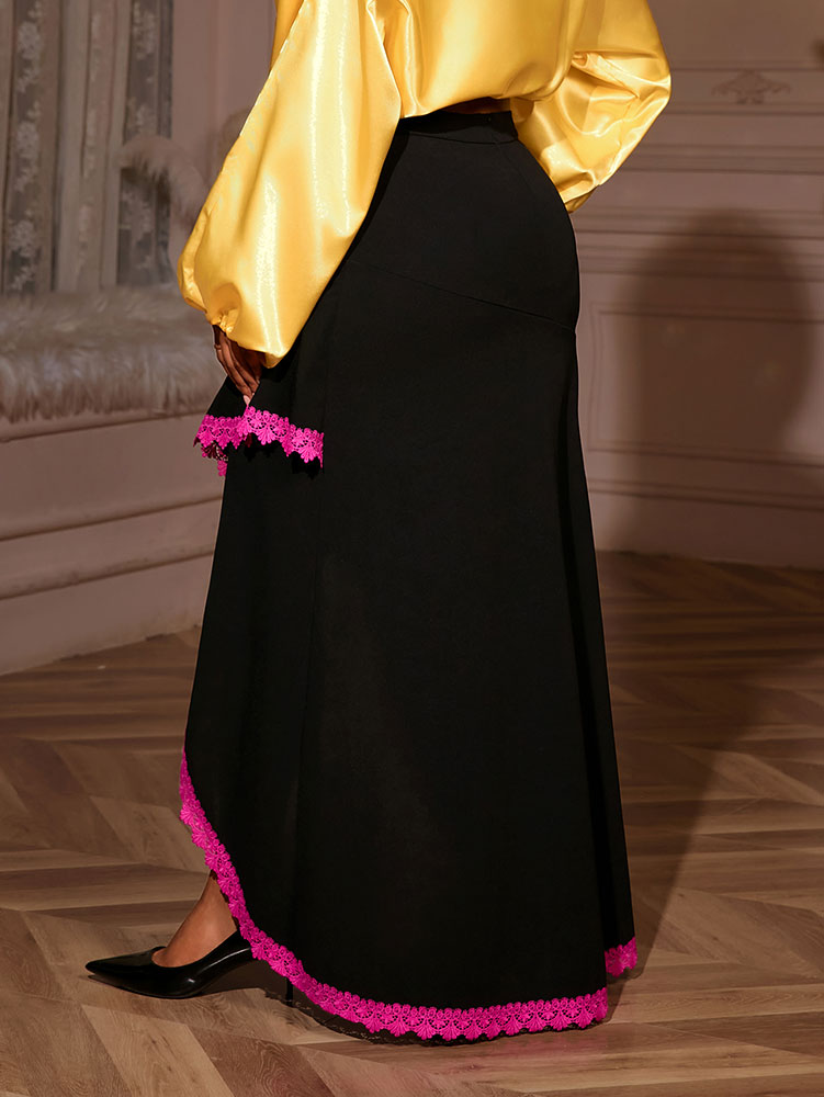 AOMEIDRESS Elegant Irregular A Line Skirt Color Block Pink Lace Trim