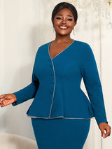 AOMEIDRESS Elegant Women Church Top V Neck Long Sleeves Trim Peplum