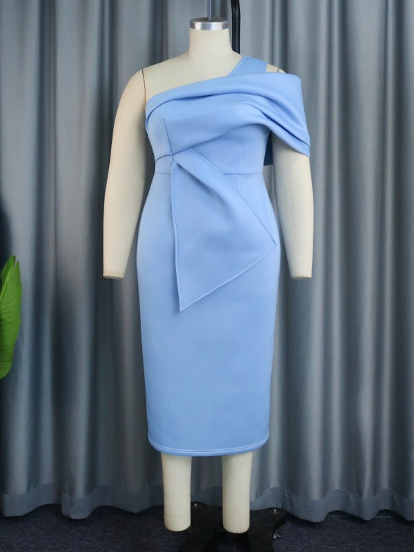 blue one shoulder folds dresses for women