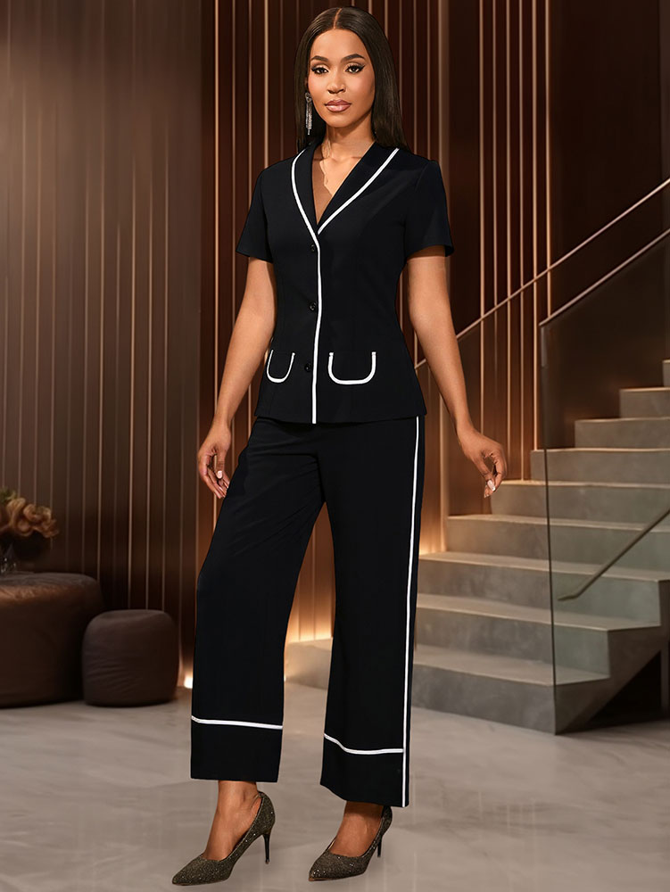 AOMEIDRESS Two Piece Set V Neck Top Slim Pants Casual Outings Wear